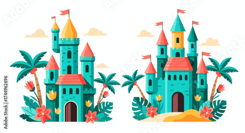 Two colorful cartoon castles with tropical plants and palm trees.