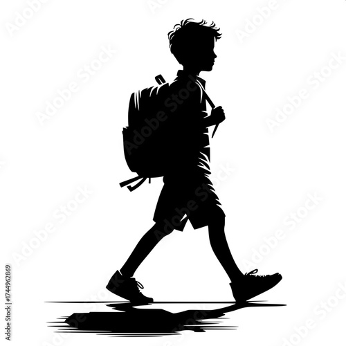 Black and White Vector Silhouette of a Boy Walking with Backpack