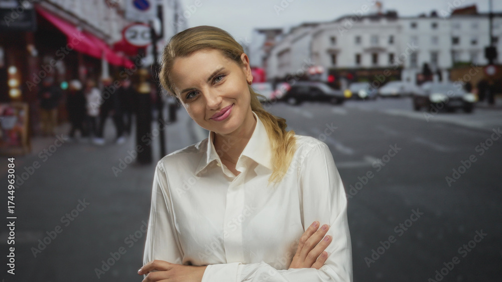 Fototapeta premium Woman smiling confidently in a city street with arms crossed wearing a white shirt outdoors in an urban european setting with traffic and pedestrians in the background.