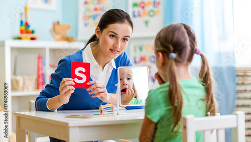 A realistic stock photo showing a child sitting at a small desk during a speech therapy session. A female speech therapist sits across from the child, holding a flashcard with the letter “S”. The chil