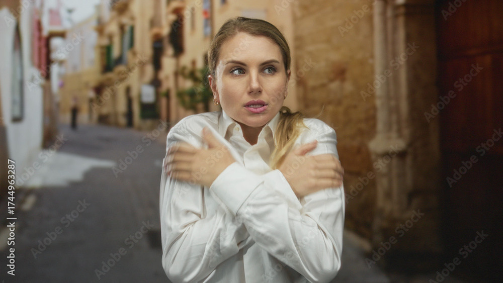 Obraz premium Woman in white shirt feeling cold in an old city street, embracing herself to stay warm amidst the medieval outdoor scenery.