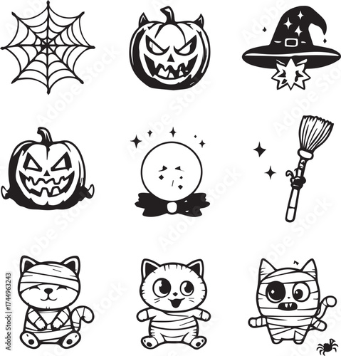 Halloween icon set — black and white cartoon-style grid of jack-o'-lanterns, witch hat, crystal ball, mummy cats, broom, spider web