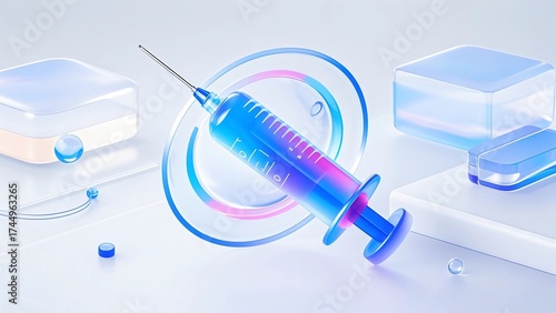 A 3D syringe icon in a blue-purple hue with a transparent frosted glass texture, indicating injections, medication, etc