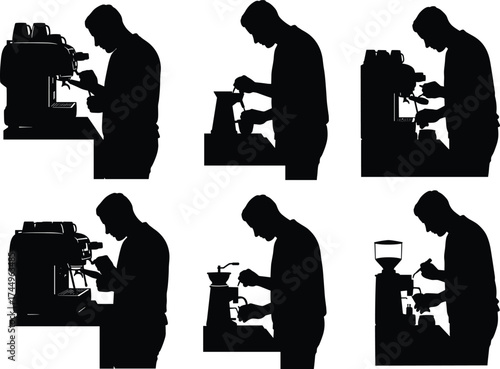 Barista silhouettes brewing, espresso machine operation, coffee preparation, grinding beans, tamping grounds, professional gesture, cafe staff, drink service, uniform, equipment