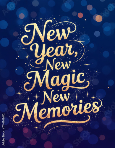 New Year card with calligraphic  lettering and bokeh lights background. 