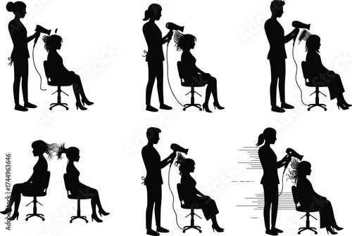 Hair stylist silhouette, salon chair, blow dryer, hair drying, beauty salon, female client, hairstyling service, professional hairdresser, fashion illustration, cad drawing flat vector