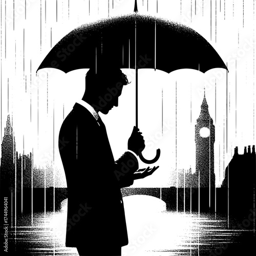 Black and White Vector Silhouette of a Man Opening an Umbrella