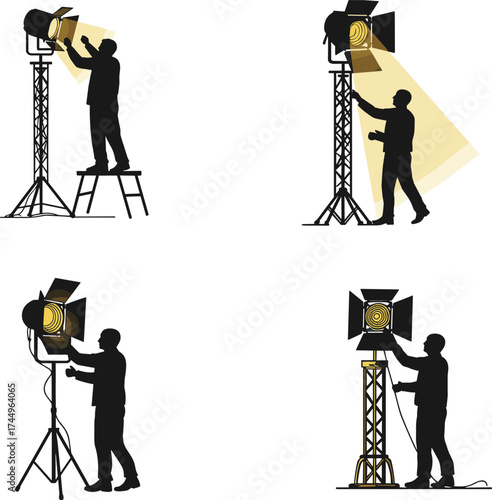 Lighting technician silhouette, stage spotlight, studio light setup, film production, theater lighting, tripod stand, media worker, event setup, cad drawing flat vector