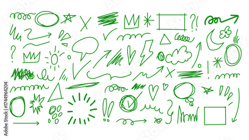 Hand drawn doodle icon set. Includes 40 symbols, signs, and marks. Created in sketchy style with green lines.
