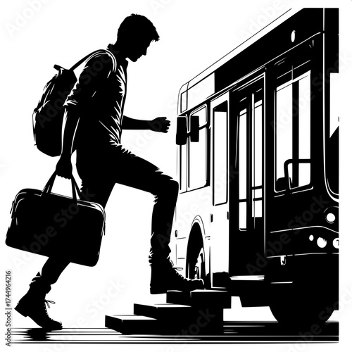 Black and White Vector Silhouette of a Man Getting on a Bus
