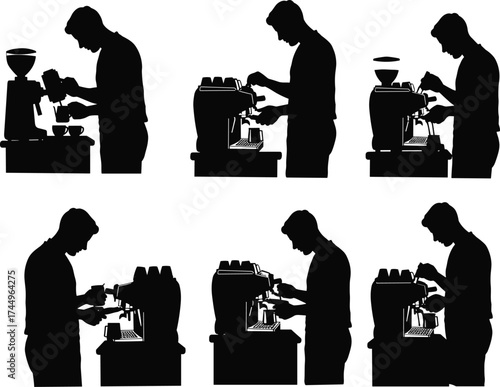 Barista silhouettes brewing, espresso machine operation, coffee preparation, professional gesture, cafe staff, steaming milk, grinding beans, serving, uniform, drink