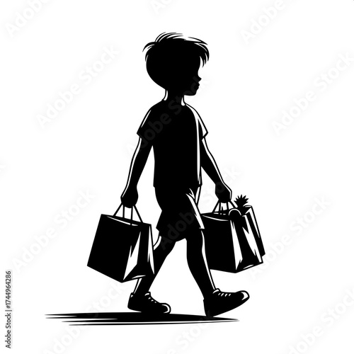 Black and White Vector Silhouette of a Boy Carrying Grocery Bag
