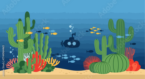 Underwater scene with submarine and aquatic plants, a vibrant illustration.