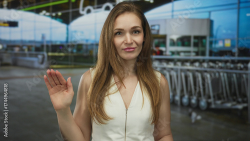 Free Download Woman in white sleeveless dress holds finger to lips for silence at modern airport terminal; serenity. - GFXLoad