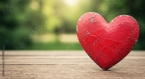 A damaged red heart resting on a wooden surface outdoors