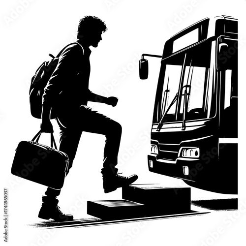 Black and White Vector Silhouette of a Man Getting on a Bus