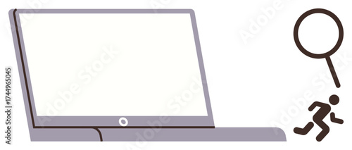 Open laptop with a figure running away under a magnifying glass, emphasizing themes of privacy, surveillance, monitoring, research, analysis, detection, and vulnerability. A simple flat metaphor