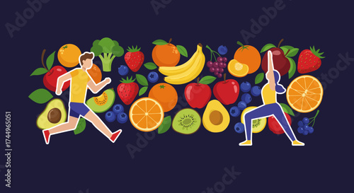 Vector illustration of a healthy lifestyle concept, with a man running and a woman doing yoga surrounded by fresh organic fruits and vegetables