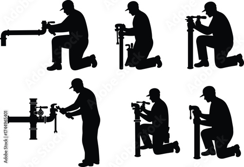 Plumber silhouette, pipe repair, wrench tool, plumbing work, water pipe installation, construction worker, maintenance service, home repair, tradesman illustration, cad drawing flat vector