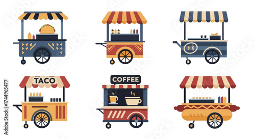 Vector Illustration Set of Various Street Food Carts.