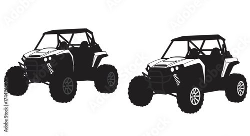 Black and white illustration of two off road utility vehicles side by side