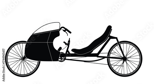 Detailed silhouette of a black recumbent tricycle with ergonomic design