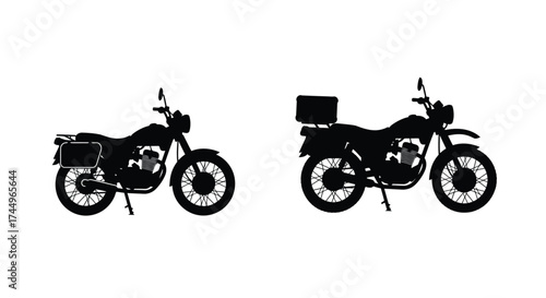 Two vintage motorcycles shown in black silhouette against a white background