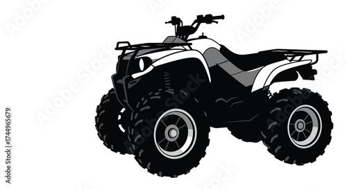 Black and white illustration of an all terrain vehicle on a white background