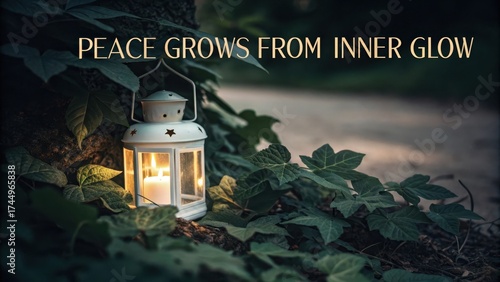 A glowing candle lantern amidst ivy leaves outdoors