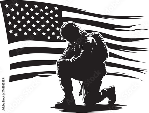 Solemn soldier kneeling before American flag art