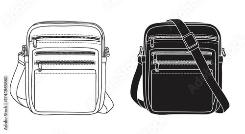 Two monochrome illustrations of modern messenger bags with adjustable straps