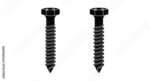 Two black hex head screws with threads displayed on a white background