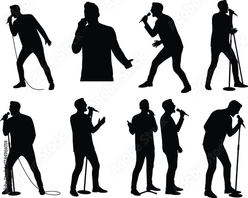 Singer with microphone, vocal performer silhouettes, live concert illustration, expressive stage poses, music entertainment concept, passionate singing, cad drawing flat vector