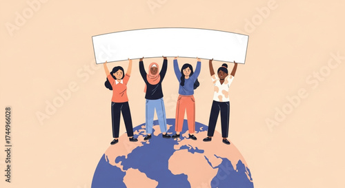 International Women's Rights Day  Diverse Activists Raising Awareness on Earth, Illustration, Inspirational, Empowering, Unity