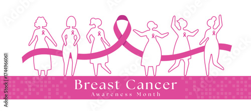 Breast cancer awareness month - Long pink ribbon awareness waving between line group of women with ribbon vector design