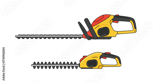 Illustration of a yellow and red cordless electric hedge trimmer tool