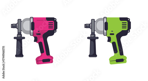 Two colorful angle grinders shown in pink and bright green designs