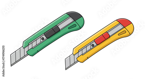 Two colorful utility knives with exposed blades are shown isolated on white