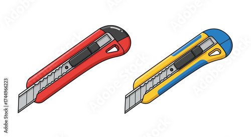 Two utility knives with colorful handles are displayed on a white background