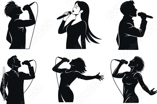 Singers with microphones, expressive vocal performance silhouettes, live concert illustration, dynamic stage poses, music entertainment concept, passionate singing, cad drawing flat vector