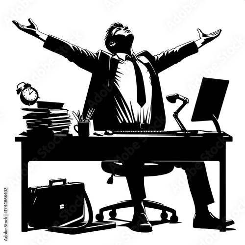 Black and White Vector Silhouette of a Man Stretching Arms After Work