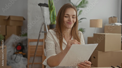 Canvas Print Woman reading documents with pencil and flipping pages inside building surrounded by packed boxes and ladder; uncertainty