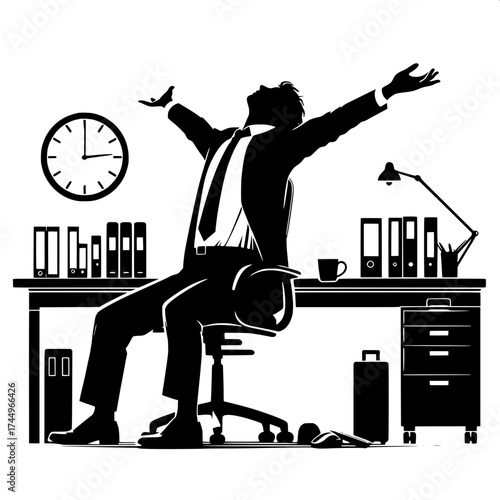 Black and White Vector Silhouette of a Man Stretching Arms After Work
