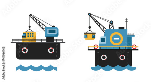 Illustration of cargo ships cranes and a helicopter at sea