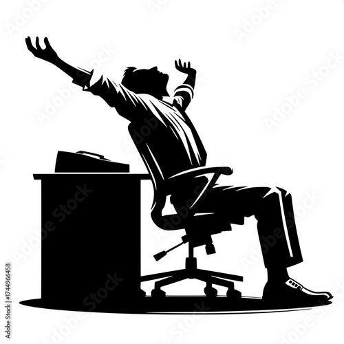 Black and White Vector Silhouette of a Man Stretching Arms After Work