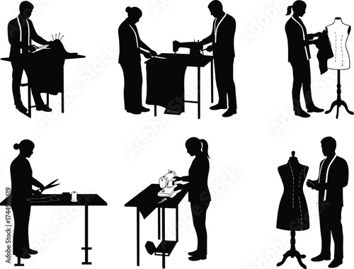 Tailor silhouette, sewing machine, fabric cutting, dress form, garment making, fashion design, clothing craft, textile worker, artisan process, cad drawing flat vector