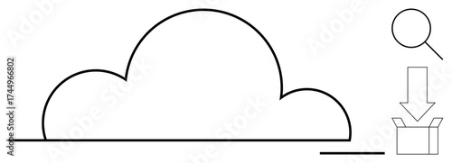 Large cloud with magnifying glass, downward arrow directing into box. Ideal for data storage, file management, cloud computing, analysis, download, organization conceptual technology. Simple flat