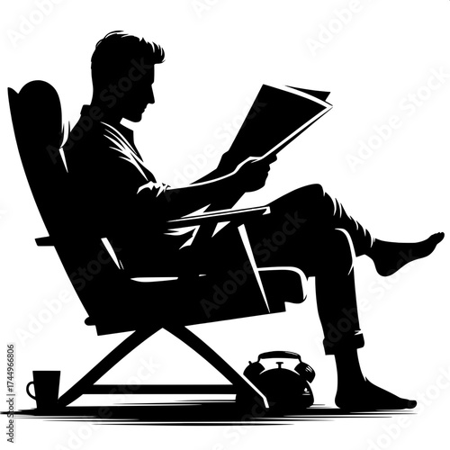 Black and White Vector Silhouette of a Man Sitting on Chair and Reading Newspaper