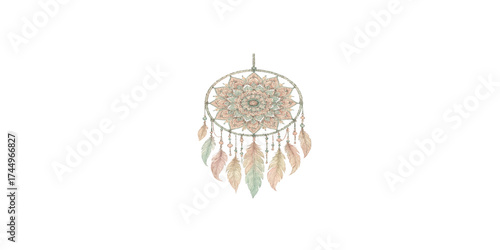 Print   Bohemian dreamcatcher design with mandala center, feathers and beads hanging, soft pastel tones, spiritual vibe.
