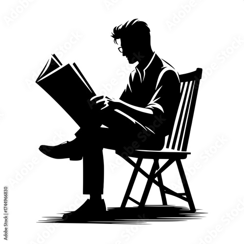 Black and White Vector Silhouette of a Man Sitting on Chair and Reading Newspaper